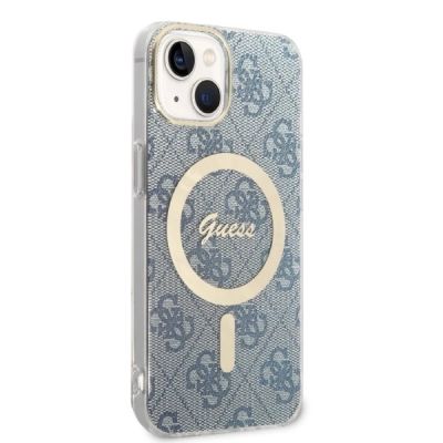 4. Etui Guess 4G Print MagSafe na iPhone 14 Plus + ładowarka indukcyjna - niebieskie