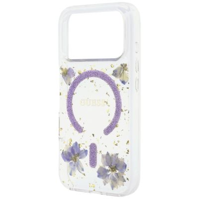 6. Etui Guess Resin Flowers Glitter MagSafe na iPhone 18 Pro Max / 17 Pro Max - fioletowe