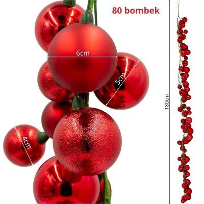 9. GAŁĄZKA GIRLANDA 180CM Z BOMBKAMI 80 SZT.MICA CZERWONA