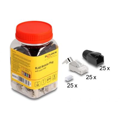 2. DeLOCK Wtyczka modułowa RJ45 z odgiętką, Cat.6A, Cat.7 i nasadki przeciwzagięciowe, zestaw 25 sztuk