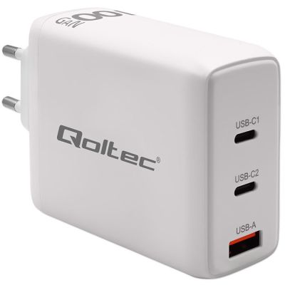 9. Qoltec Ładowarka sieciowa 100W GaN  | 5-20V | 1.5-5A | 2 x USB-C PD | 1 x USB QC 3.0 | Biała