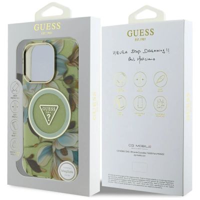 8. Etui Guess Glitter Flowers Triangle Buttons MagSafe do iPhone 16 Pro Max zielony