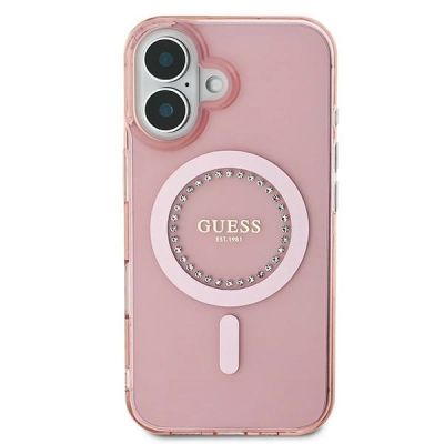 3. Etui Guess IML Rhinestones MagSafe na iPhone 16 Plus - różowe