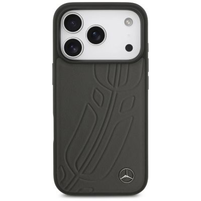 3. Etui Mercedes Leather Large Laurel Leave MagSafe na iPhone 17 Pro - czarno-szary
