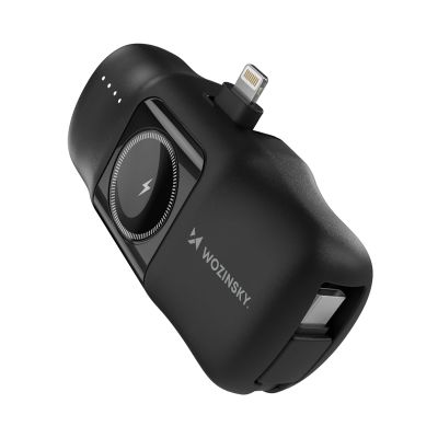 Mini powerbank Wozinsky WF16-YLS 5000mAh 15W Lightning z wbudowanym kablem USB-C i ładowarką do Apple Watch - czarny