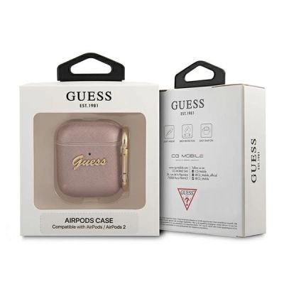 3. Etui Guess Saffiano Script Metal Collection na AirPods 1/2 - różowe
