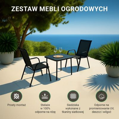 5. Klasyczny zestaw mebli ogrodowych Black Forest tekstylen dwa krzesła + stolik czarny