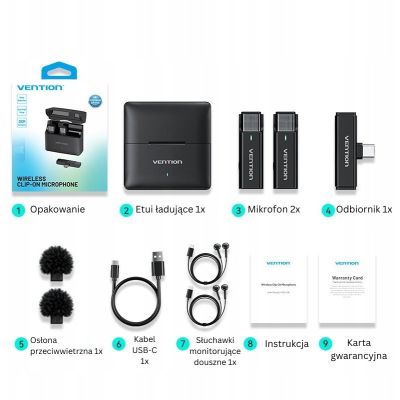 2. Zestaw 2 bezprzewodowych mikrofonów krawatowych Vention USB-C z etui ładującym czarny