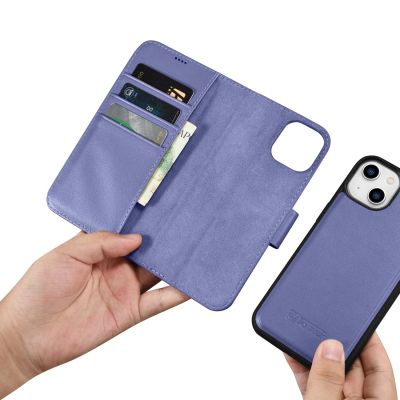 15. iCarer Wallet Case 2in1 etui iPhone 14 Plus skórzany pokrowiec z klapką Anti-RFID jasnofioletowy (WMI14220727-LP)