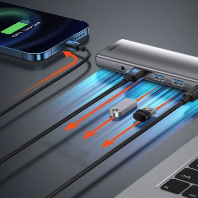 14. Baseus Metal Gleam 11w1 wielofunkcyjny HUB USB Typ C - 3x USB 3.2 Gen 1 5Gbps / USB Typ C PD 100W / 3,5 mm mini jack AUX / VGA Full HD 60Hz / 2x HDMI 4K 30Hz / czytnik kart TF i SD / RJ45 1Gbps szary (CAHUB-CT0G)