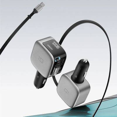 6. Ładowarka samochodowa Cuktech CC903P 100 W z wyświetlaczem i zwijanym kablem USB-C 70 cm - szara