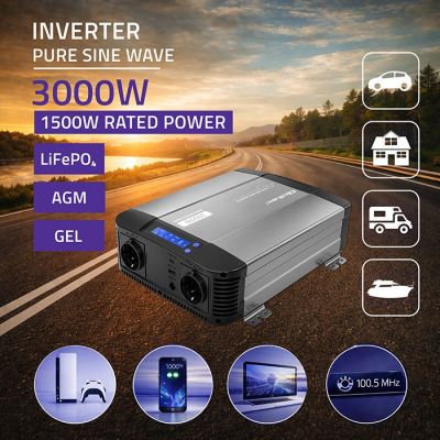 3. Qoltec Przetwornica napięcia Pure Sine Wave | 12V na 230V | 1500/3000W | LCD | USB | USB-C | Kompatybilna z LiFePO4 GEL AGM