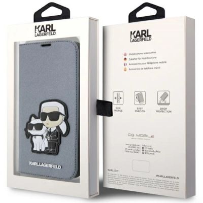 7. Etui Karl Lagerfeld Saffiano Karl&Choupette na iPhone 14 Pro Max - srebrne