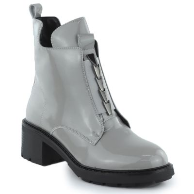 Skórzane botki damskie na klocku lakierowane szare Jezzi 24172-3