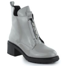 Skórzane botki damskie na klocku lakierowane szare Jezzi 24172-3