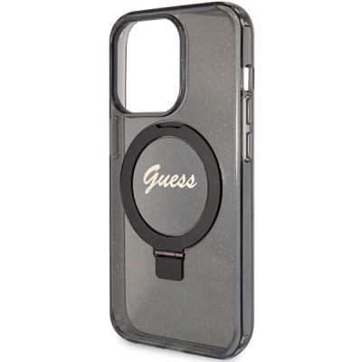 6. Etui Guess Ring Stand Script Glitter MagSafe na iPhone 15 Pro Max - czarne