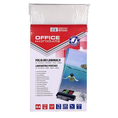4. OFFICE PRODUCTS Folia do laminowania, A4, 2x80mikr., błyszcząca, 100szt., transparentna