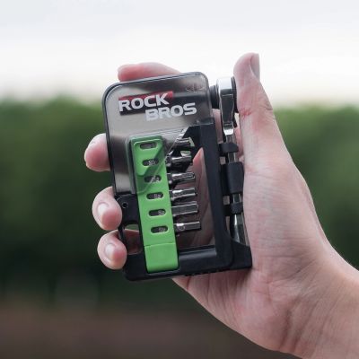 10. Zestaw narzędzi rowerowych Rockbros z mini grzechotką i bitami - półprzezroczysty, zielony