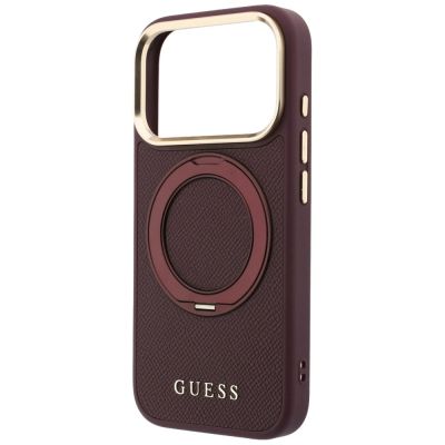 6. Etui Guess Ring Stand 360 Grained Classic Logo MagSafe na iPhone 18 Pro / 17 Pro - burgundowe
