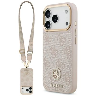 Etui Guess 4G Strass Logo & Big Strap Metal Buttons MagSafe na iPhone 17 Pro - różowe