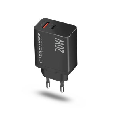3. ESPERANZA ŁADOWARKA SIECIOWA 20W USB-C PD 20W / USB-A QC 3.0 18W CZARNA EZC105K