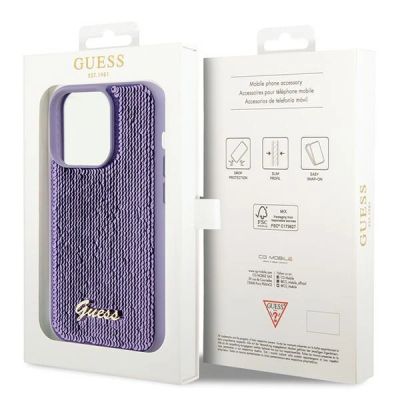 8. Etui Guess Sequin Script Metal na iPhone 15 Pro - fioletowe