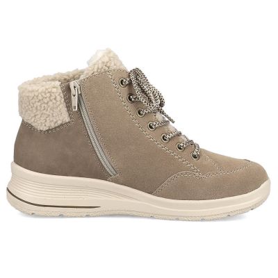9. Skórzane wodoodporne botki damskie beżowe Rieker L7701-24