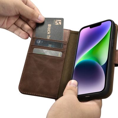 13. iCarer Oil Wax Wallet Case 2in1 etui iPhone 14 Plus skórzany pokrowiec z klapką Anti-RFID brązowy (WMI14220723-BN)