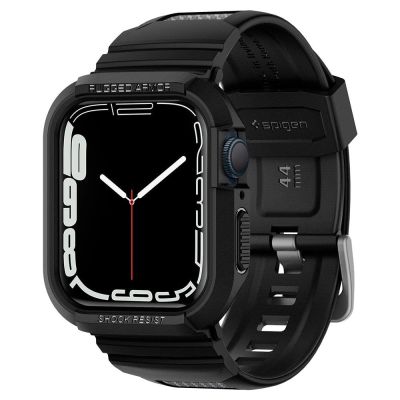 13. Etui z paskiem Spigen Rugged Armor Pro na Apple Watch 4 / 5 / 6 / 7 / 8 / SE (44/45 mm) - czarne