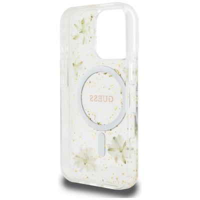 7. Etui Guess Resin Flowers Glitter MagSafe na iPhone 16 Pro - beżowe