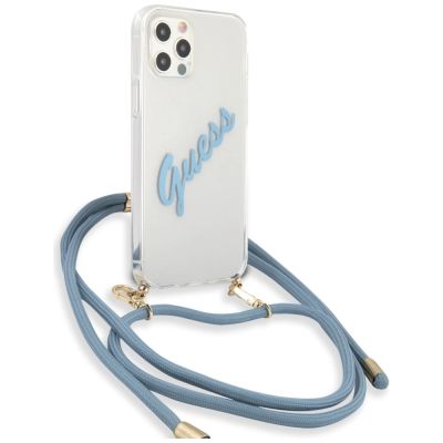 4. Etui Guess Script Vintage na iPhone 12 / iPhone 12 Pro - niebieskie