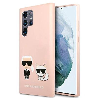 Etui Karl Lagerfeld Silicone Ikonik Karl & Choupette na Samsung Galaxy S22 Ultra - jasnoróżowe