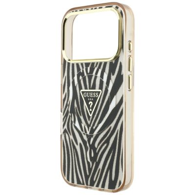 6. Etui Guess IML Zebra Glitter Triangle Logo MagSafe iPhone 17 Pro / 18 Pro - złote
