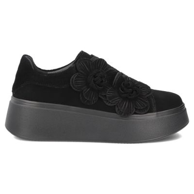 2. Skórzane sneakersy damskie na platformie z kwiatami zamszowe czarne Filippo  DP8113