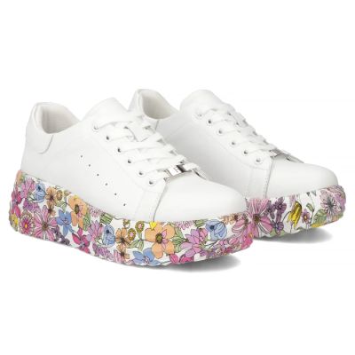 5. Skórzane półbuty sneakersy na platformie w kwiaty białe Filippo DP7507