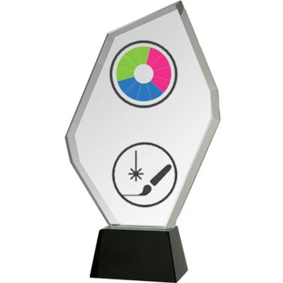 2. Trofeum szklane z nadrukiem kolorowym LuxorJet, grawerowaniem oraz wypełnieniem farbą i etui