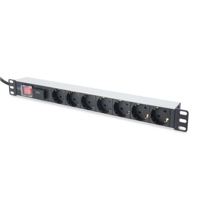 7. Digitus Listwa zasilająca PDU 19" Rack, 7x gniazdo schuko, 2.0m, 1x wtyk unischuko, 16A, wł./wył., zabezpieczenie przepięciowe, profil aluminiowy