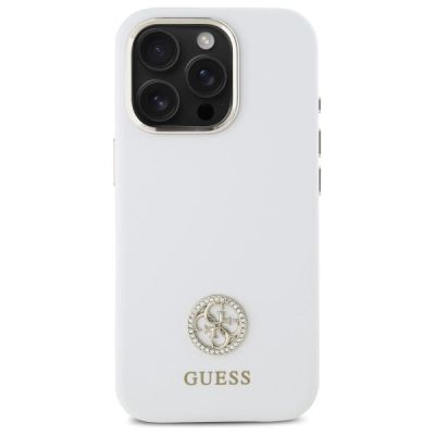 3. Etui Guess Silicone Logo Strass 4G na iPhone 16 Pro - białe