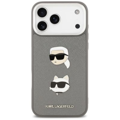 3. Etui Karl Lagerfeld FW Grained Karl & Choupette Heads Pins & Logo na iPhone 17 Pro Max - szare