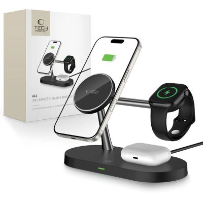Ładowarka Tech-Protect A12 indukcyjna 3w1 MagSafe na smartfon / słuchawki / smartwatch - czarna