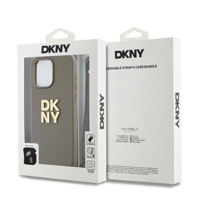 7. Etui DKNY Wrist Strap Stock Logo na iPhone 15 Pro - beżowe