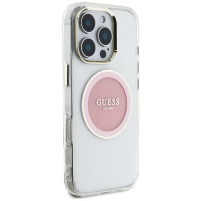 4. Etui Guess IML Metal Colored Circle Classic Logo MagSafe na iPhone 16 Pro - różowe