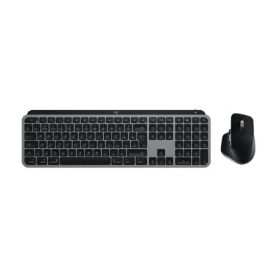 Logitech Master MX Keys S Combo for Mac klawiatura Dołączona myszka Dom/Biuro RF Wireless + Bluetooth QWERTY Amerykański międzynarodowy Aluminium, Czarny