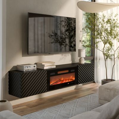 7. Szafka RTV LARA 183x35x37 czarny mat + czarny kominek