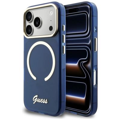 Etui Guess IML Script Metal MagSafe na iPhone 17 Pro - niebieskie