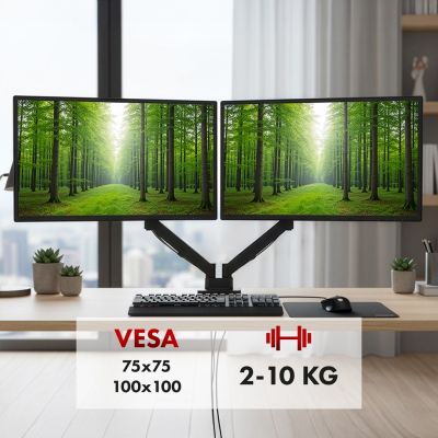 10. MACLEAN UCHWYT NA 2 MONITORY, SPRĘŻYNA GAZOWA, 17"-32", 2-10KG, CZARNY MC-134