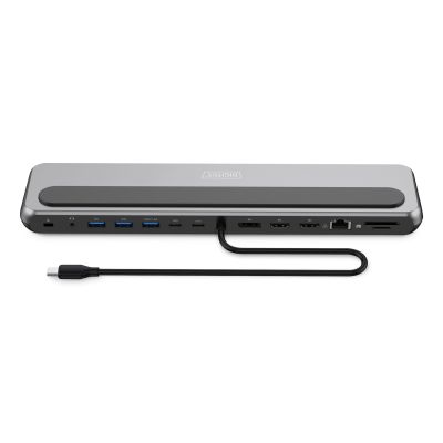 8. Stacja dokująca USB-C 12 portowa, max. 8K/30Hz z HDR, HDMI, DP, max. 3 monitory (MST), USB-C 3.2 Gen2, Gigabit Ethernet, SD/Micro SD, Audio, PD 100W