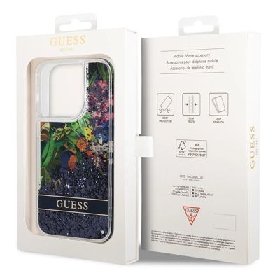 8. Etui Guess Flower Liquid Glitter na iPhone 14 Pro - niebieskie