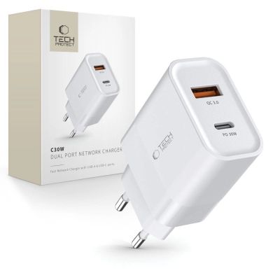 Ładowarka Tech-Protect C30W sieciowa USB-C PD 30W / USB-A QC 3.0 - biała