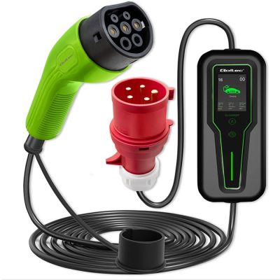 13. Qoltec 52467 Mobilna ładowarka do samochodu elektrycznego EV z regulacją 2w1 Typ2 | 11kW | 3 Fazy | CEE 5 PIN| LCD |Przenośna | Wallbox | 5m